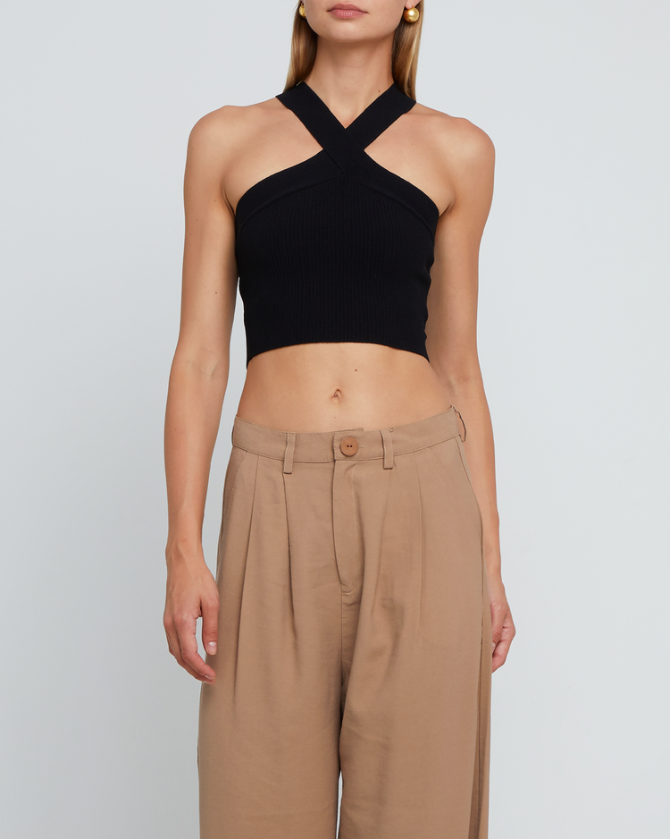 Sculpting Knit Criss Cross Cropped Halter Tank
