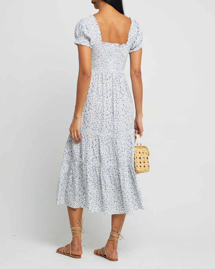 Second image of Square Neck Smocked Maxi Dress, a blue maxi dress, smocked, puff sleeves, short sleeves, floral