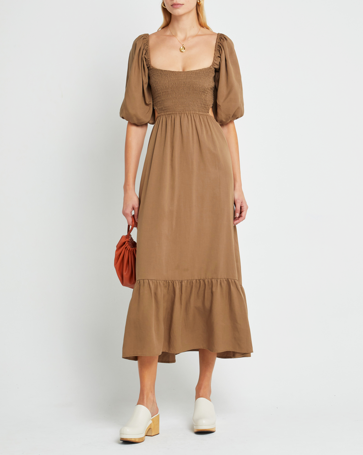First image of Leighton Dress, a maxi dress, open back, cut outs, puff sleeves, short sleeves