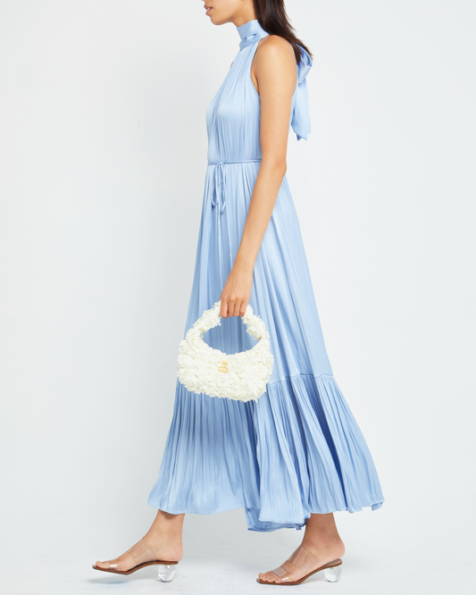 Third image of Anika Dress, a blue maxi dress, tie, high neck, silk, satin, waist tie, pleats