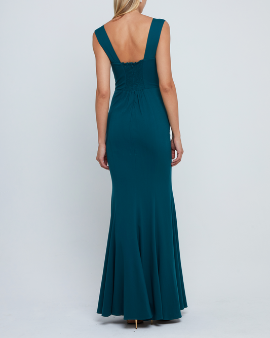 Second image of Rya Dress, a green long maxi-length bridesmaid dress with square neckline, back smocked detail, back zipper, thick straps, and lining