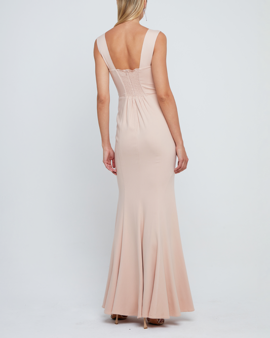 Second image of Rya Dress, a pink bridesmaid dress long maxi-length bridesmaid dress with square neckline, back smocked detail, back zipper, thick straps, and lining