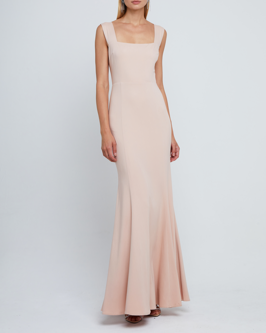 First image of Rya Dress, a pink bridesmaid dress long maxi-length bridesmaid dress with square neckline, back smocked detail, back zipper, thick straps, and lining
