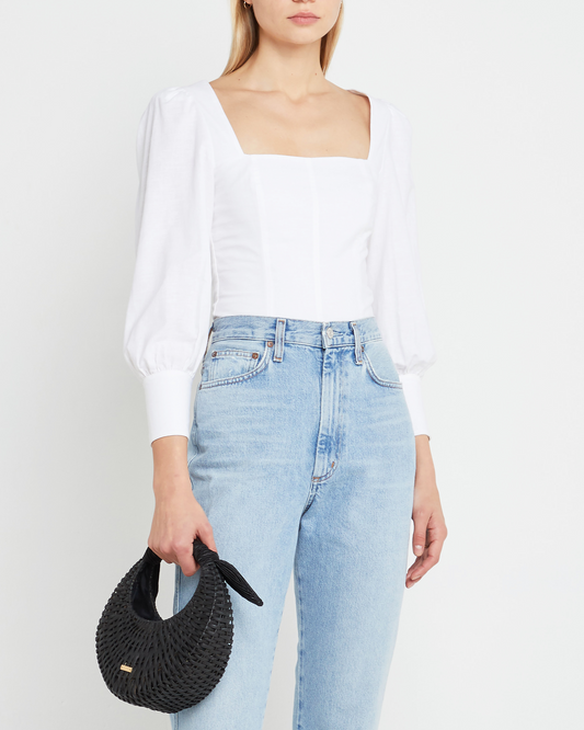 First image of Sipora Top, a white puff sleeve top, square neck, long sleeve, puff sleeve