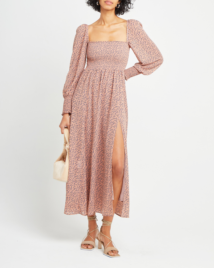 First image of Classic Smocked Maxi Dress, a maxi dress, side slit, long, sheer sleeves, puff sleeves, square neckline, smocked bodice