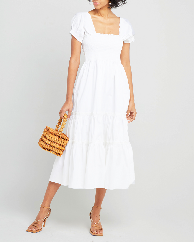 First image of Square Neck Smocked Maxi Dress, a white maxi dress, smocked, puff sleeves, short sleeves