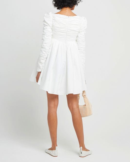 Second image of Structured Long-Sleeve Frock, a white mini dress, babydoll, long ruched sleeves, square neckline