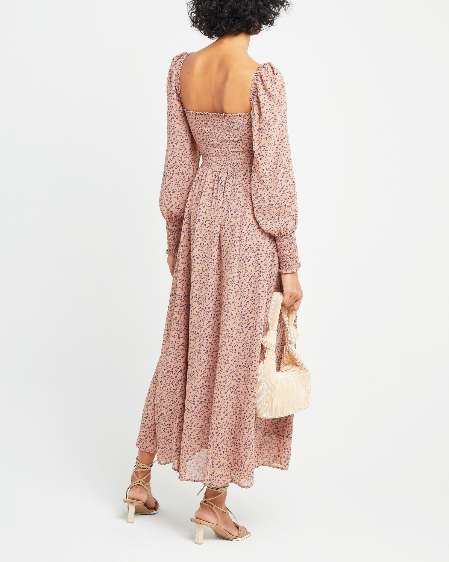 Second image of Classic Smocked Maxi Dress, a maxi dress, side slit, long, sheer sleeves, puff sleeves, square neckline, smocked bodice