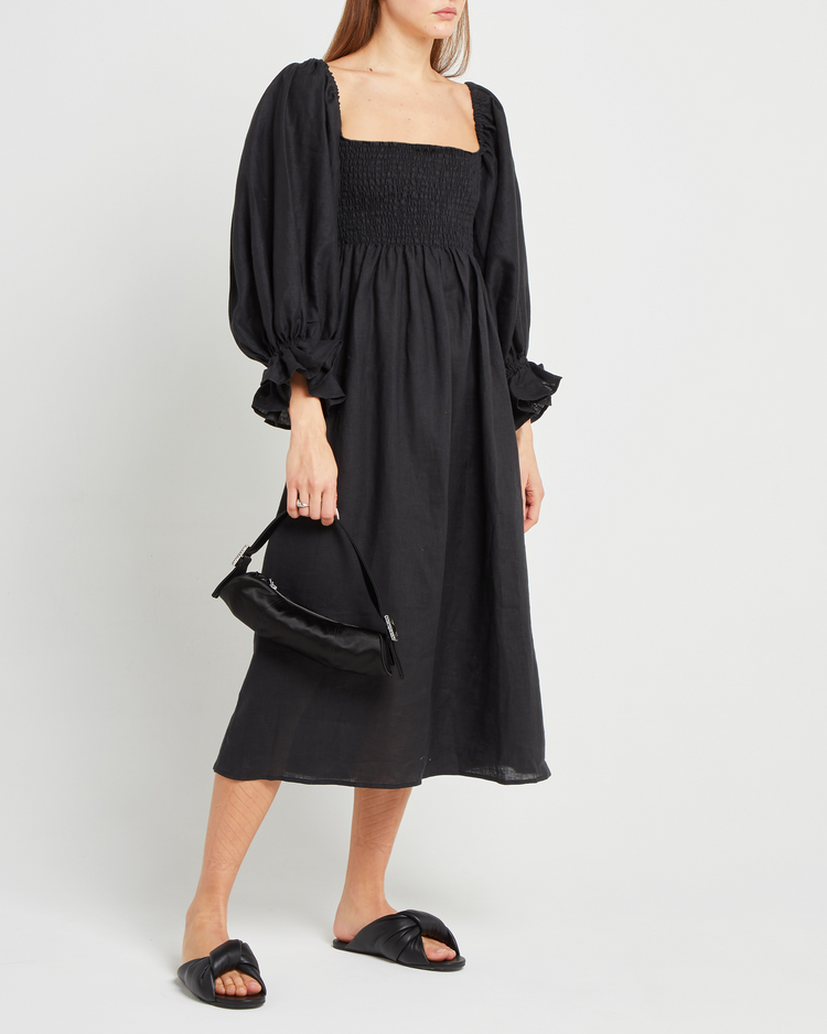 Fifth image of Athena Dress, a black midi dress, off shoulder, long sleeve, puff sleeves, smocked