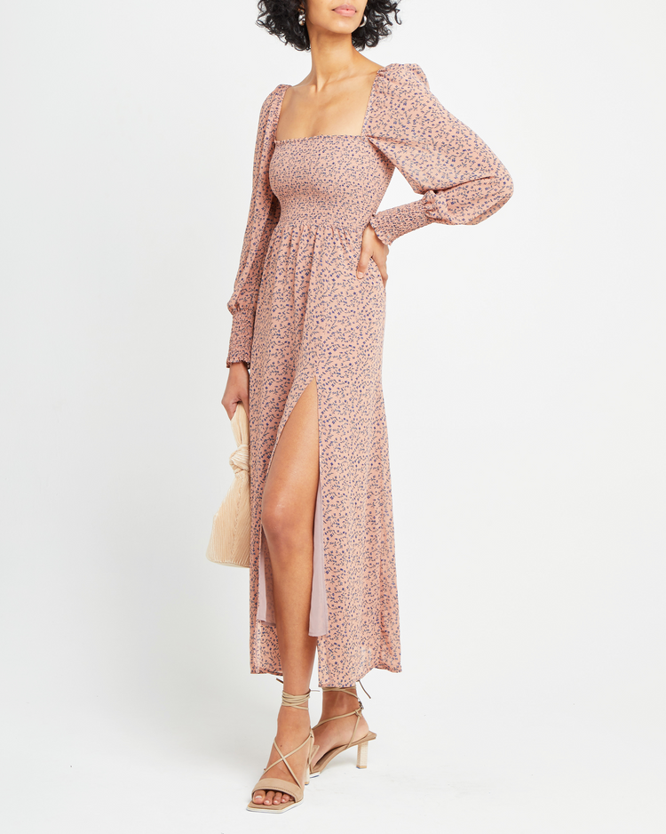 Third image of Classic Smocked Maxi Dress, a maxi dress, side slit, long, sheer sleeves, puff sleeves, square neckline, smocked bodice
