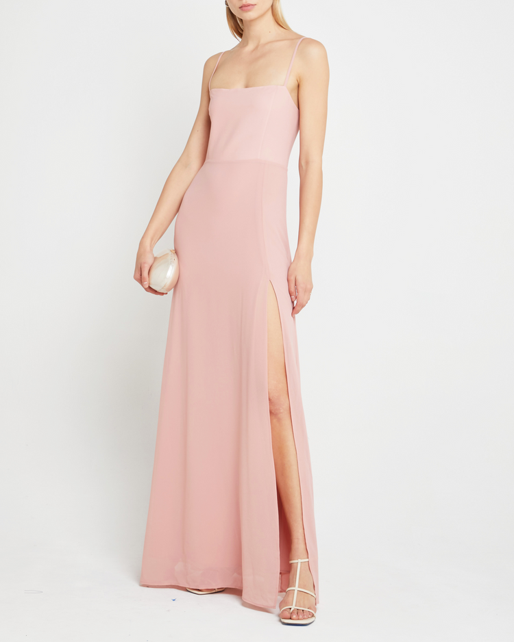 Fifth image of Jessica Maxi Dress, a pink wedding guest dress with back zipper, straight neckline, side slit, adjustable straps, smocked back detail, and lining
