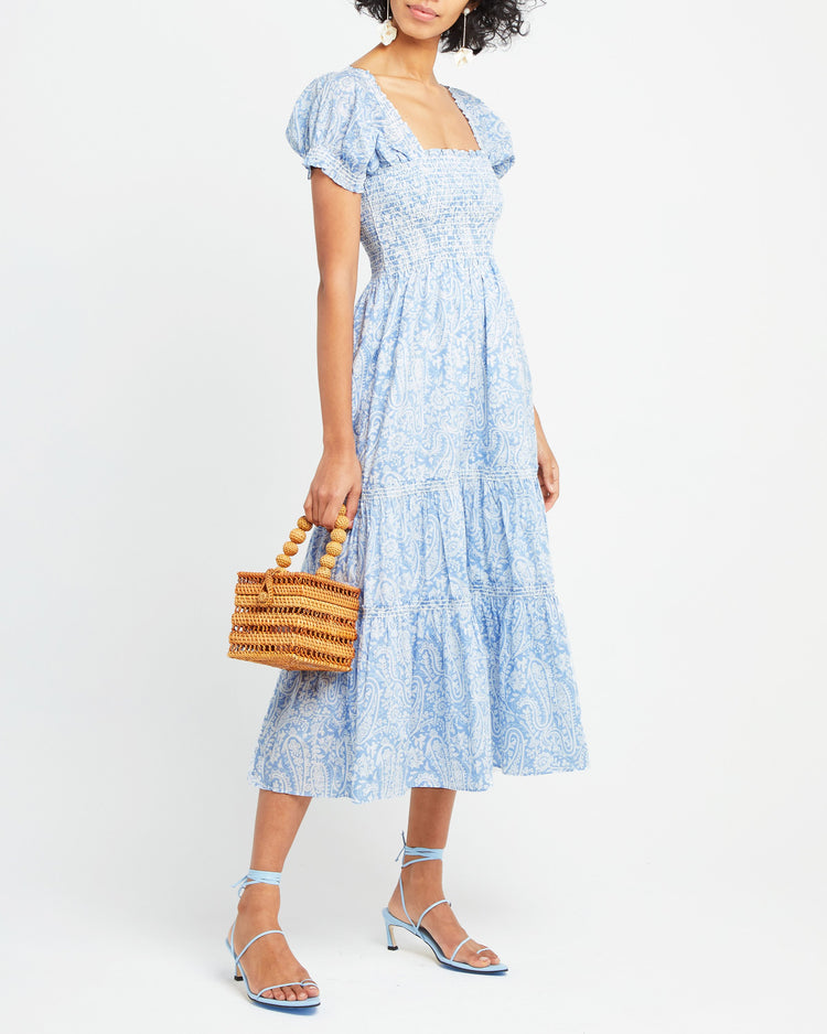 Third image of Square Neck Smocked Maxi Dress, a blue maxi dress, smocked, puff sleeves, short sleeves, floral