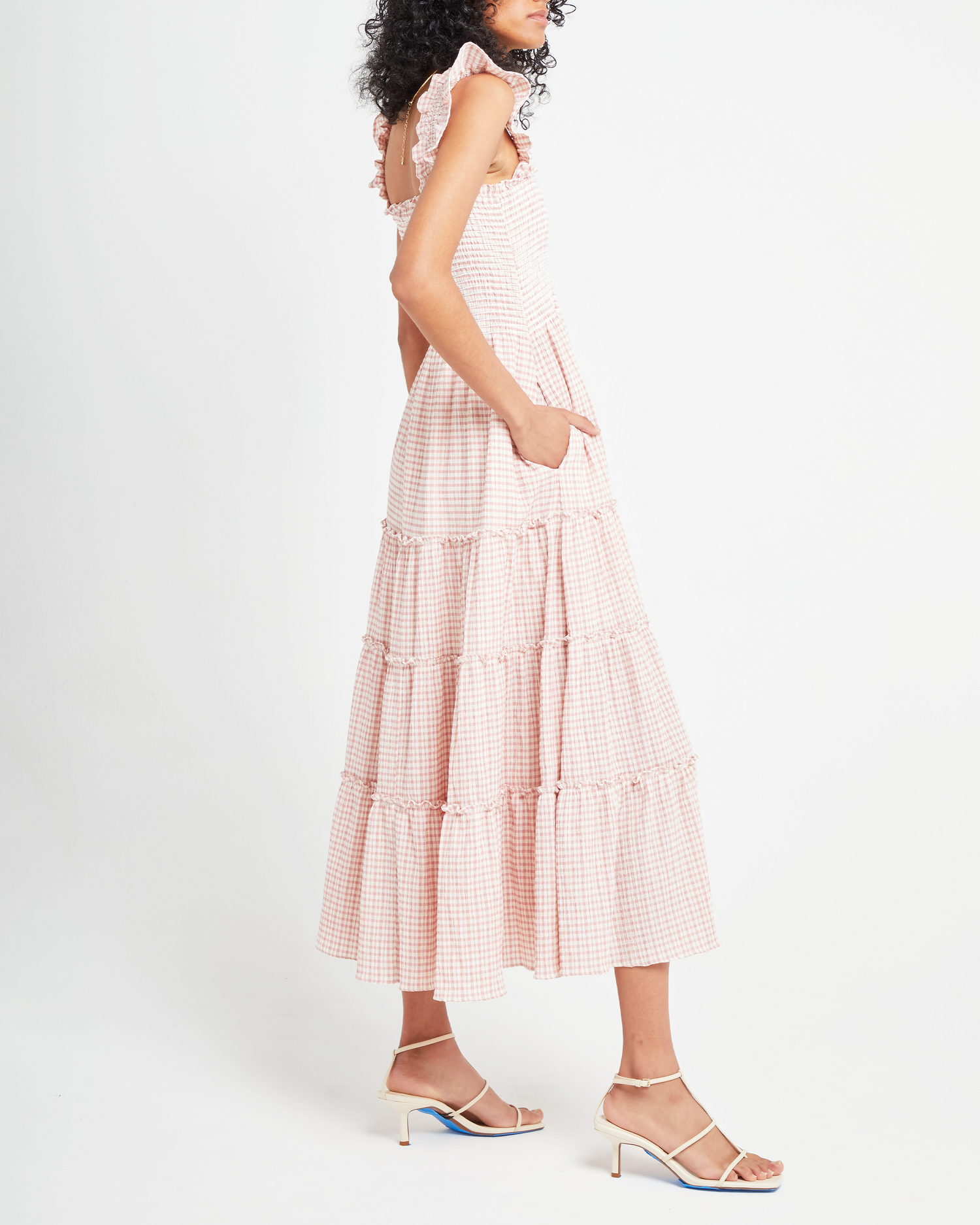 Third image of Calypso Maxi Dress, a pink maxi dress, ruffle cap sleeves, smocked bodice