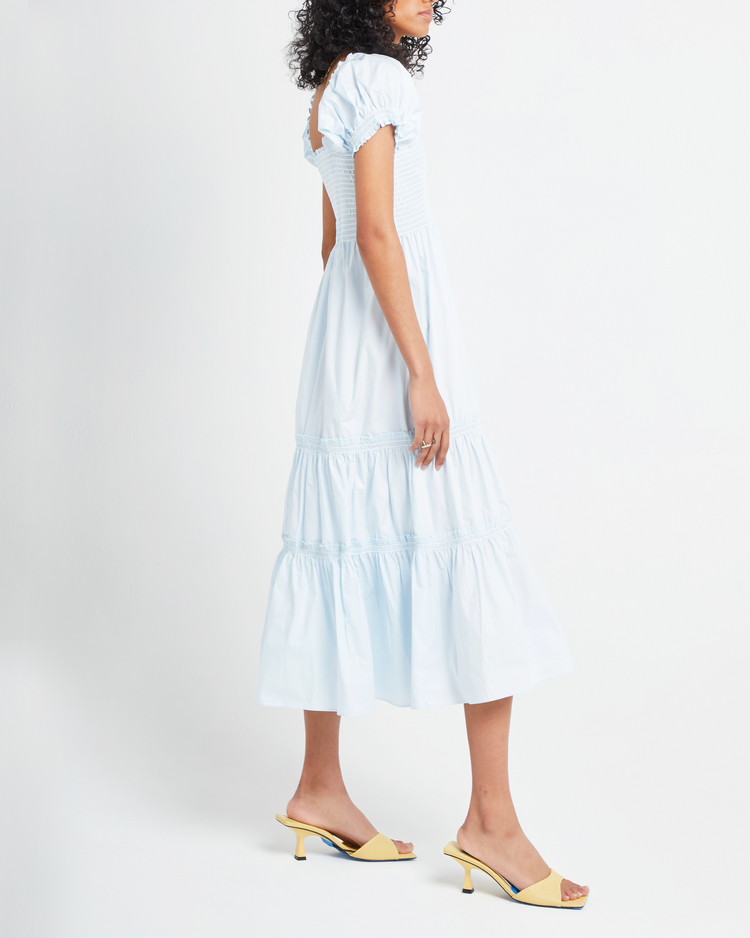 Third image of Square Neck Smocked Maxi Dress, a blue maxi dress, smocked, puff sleeves, short sleeves