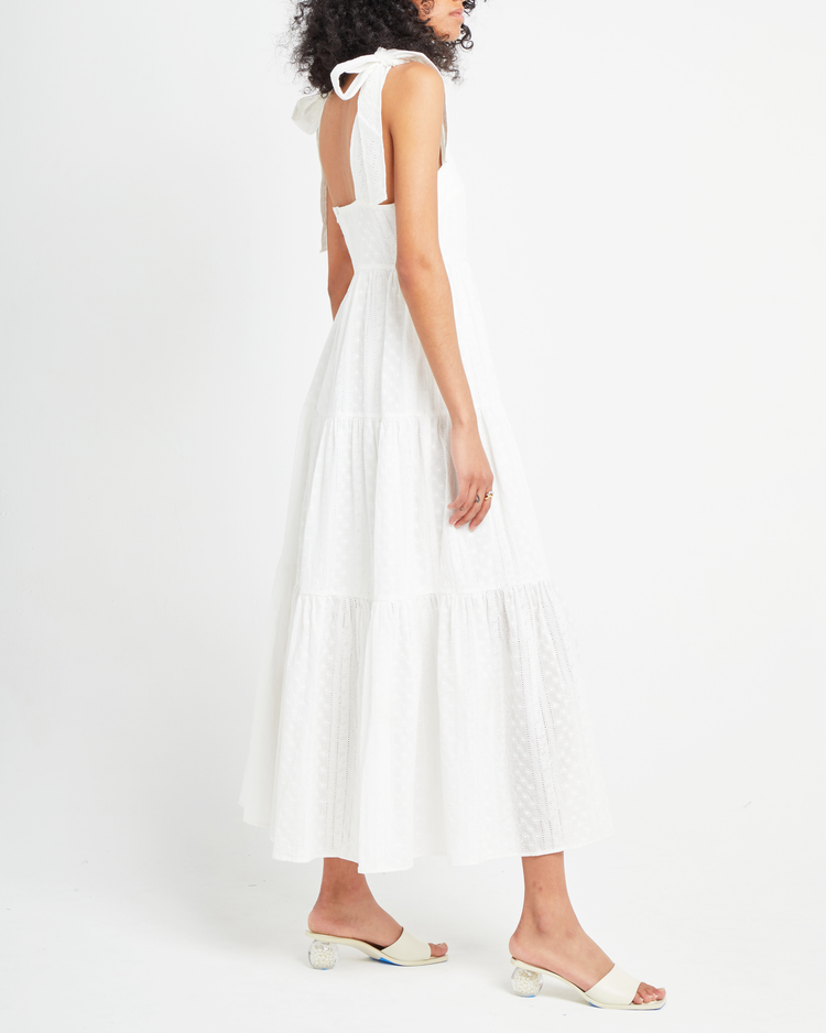 Fifth image of Cotton Artemis Dress, a white midi dress, lace material, eyelet, tie straps, ribbon, tank