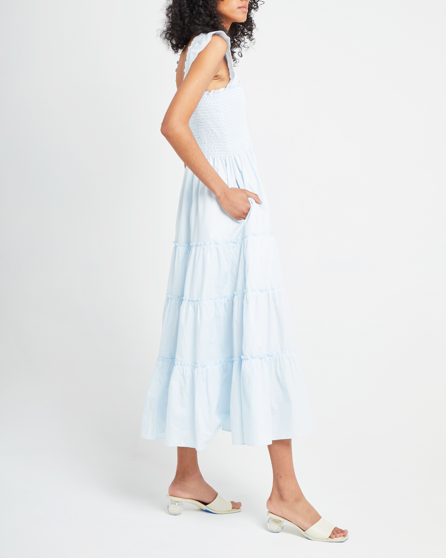 Third image of Calypso Maxi Dress, a blue maxi dress, ruffle cap sleeves, smocked bodice