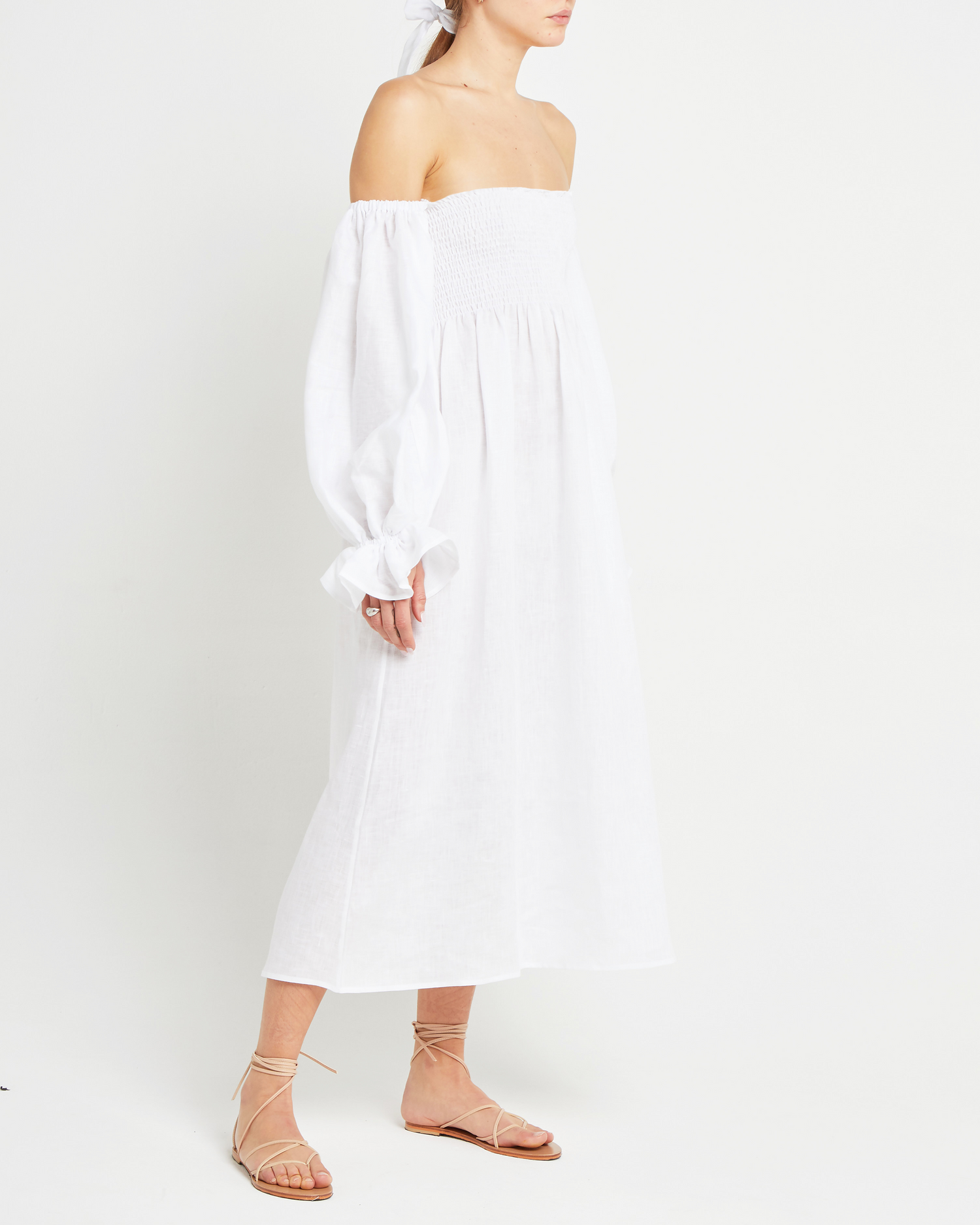 Third image of Athena Dress, a white midi dress, off shoulder, long sleeve, puff sleeves, smocked