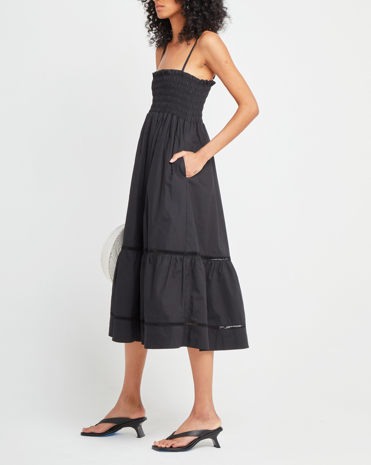 Fourth image of Cotton Leila Dress, a black midi dress, spaghetti strap, smocked bodice, tiered skirt