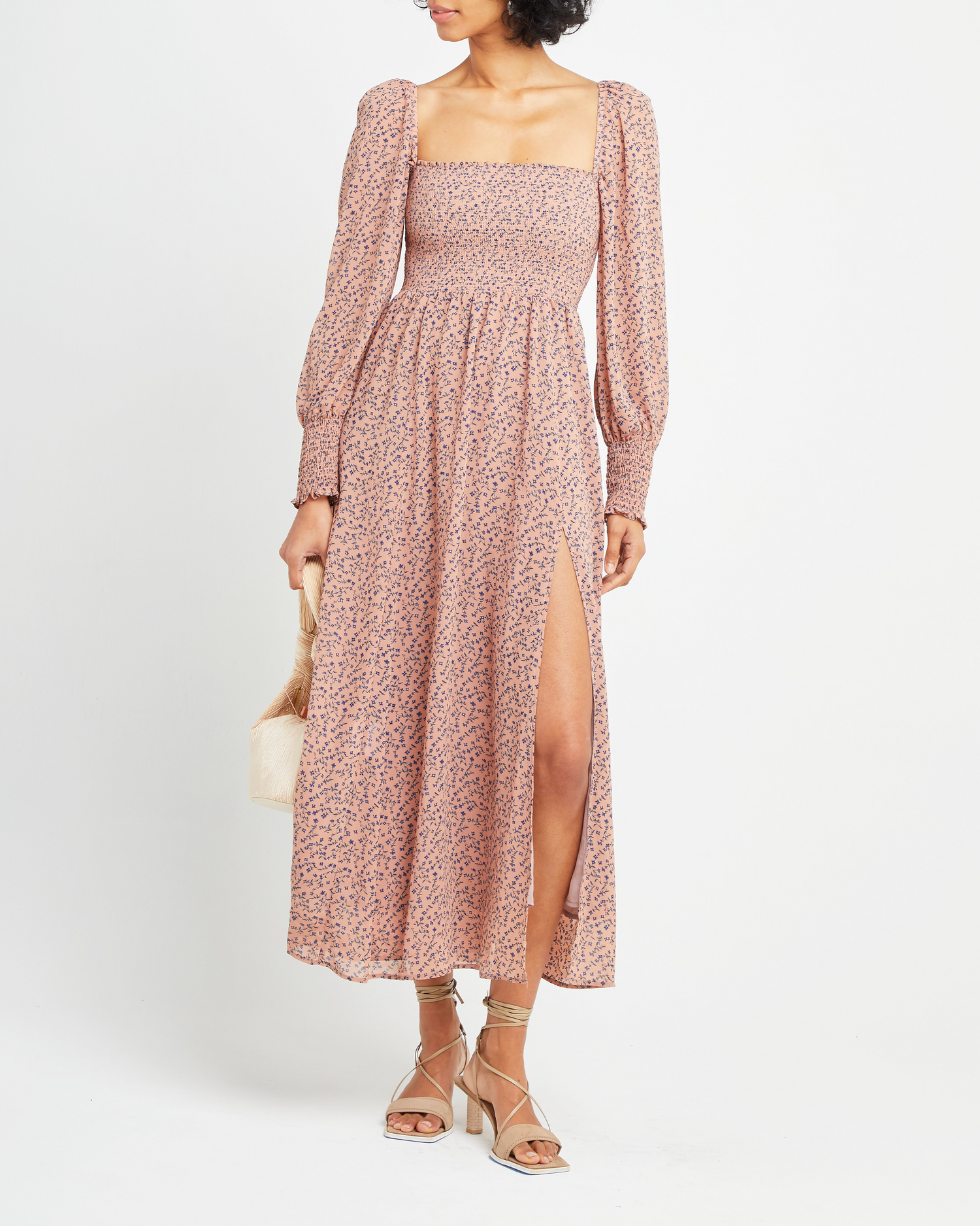 Fourth image of Classic Smocked Maxi Dress, a maxi dress, side slit, long, sheer sleeves, puff sleeves, square neckline, smocked bodice