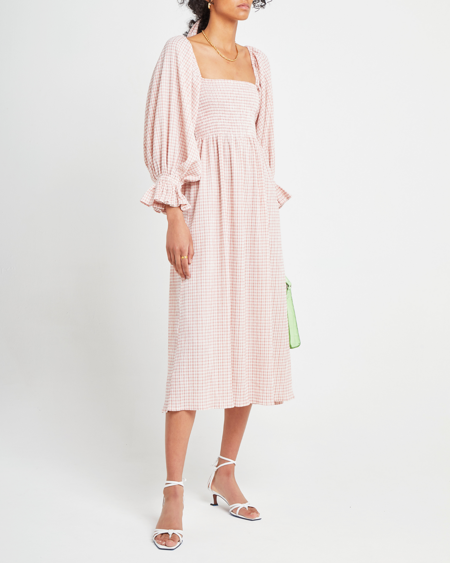 Fourth image of Athena Dress, a pink midi dress, off shoulder, long sleeve, puff sleeves, smocked