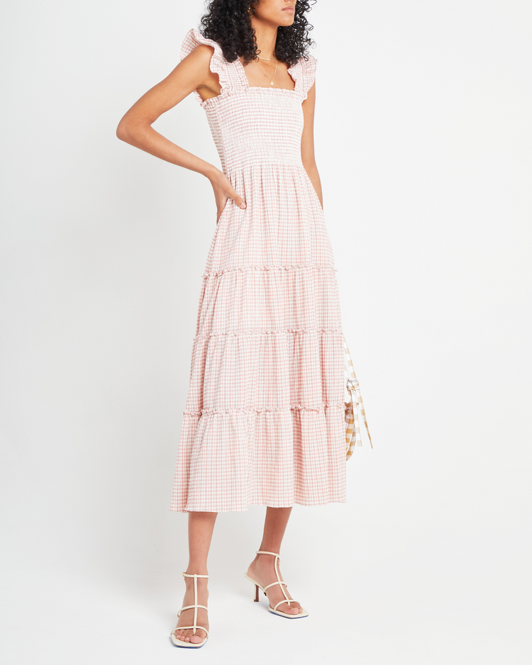 Fifth image of Calypso Maxi Dress, a pink maxi dress, ruffle cap sleeves, smocked bodice