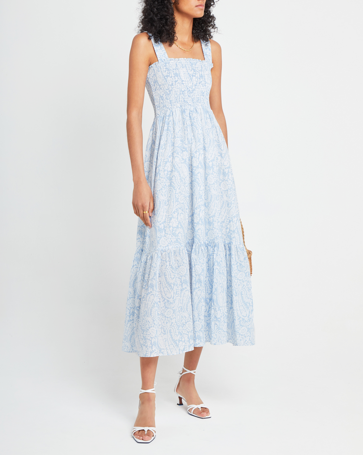 Fifth image of Cotton Isla Dress, a blue midi dress, smocked, square neckline, tiered skirt