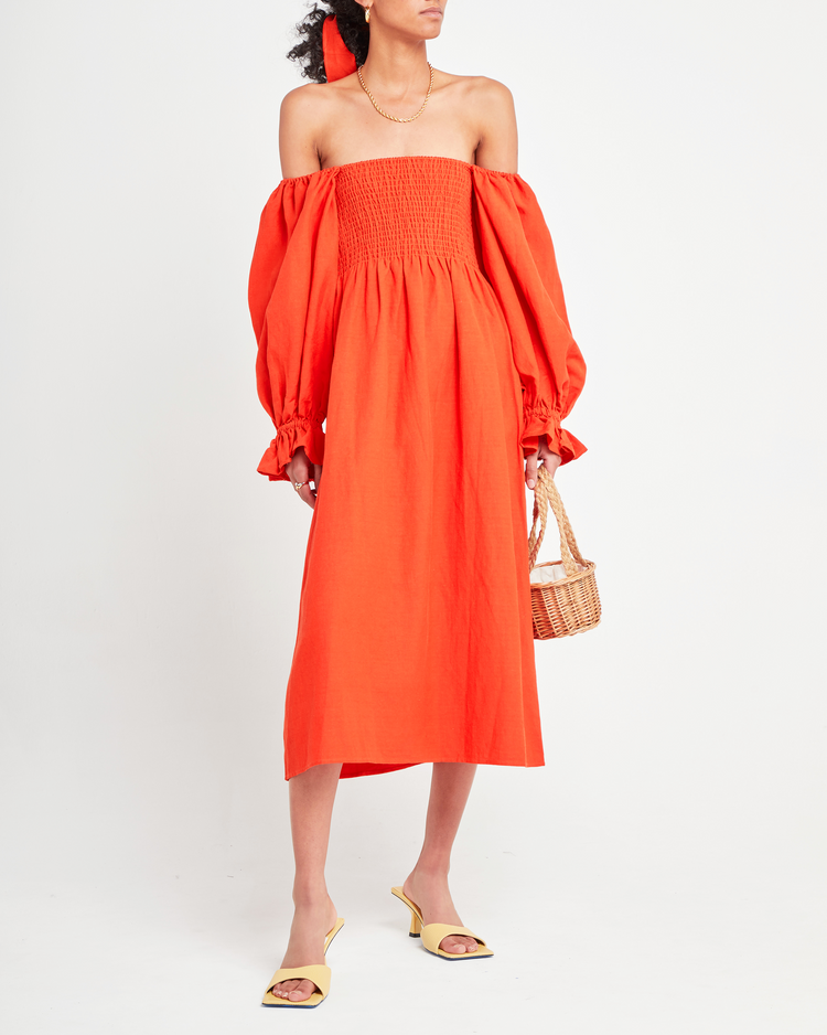 Fifth image of Athena Dress, a orange midi dress, long puff sleeves, smocked, square neckline