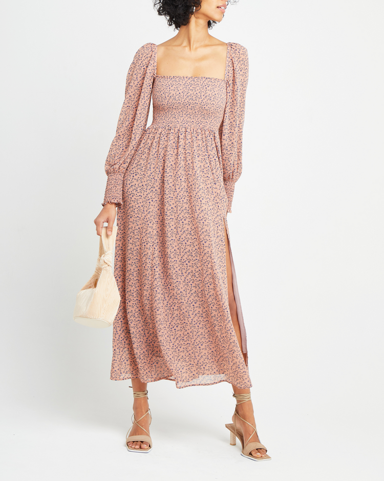 Fifth image of Classic Smocked Maxi Dress, a maxi dress, side slit, long, sheer sleeves, puff sleeves, square neckline, smocked bodice