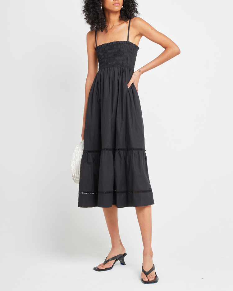 Fifth image of Cotton Leila Dress, a black midi dress, spaghetti strap, smocked bodice, tiered skirt