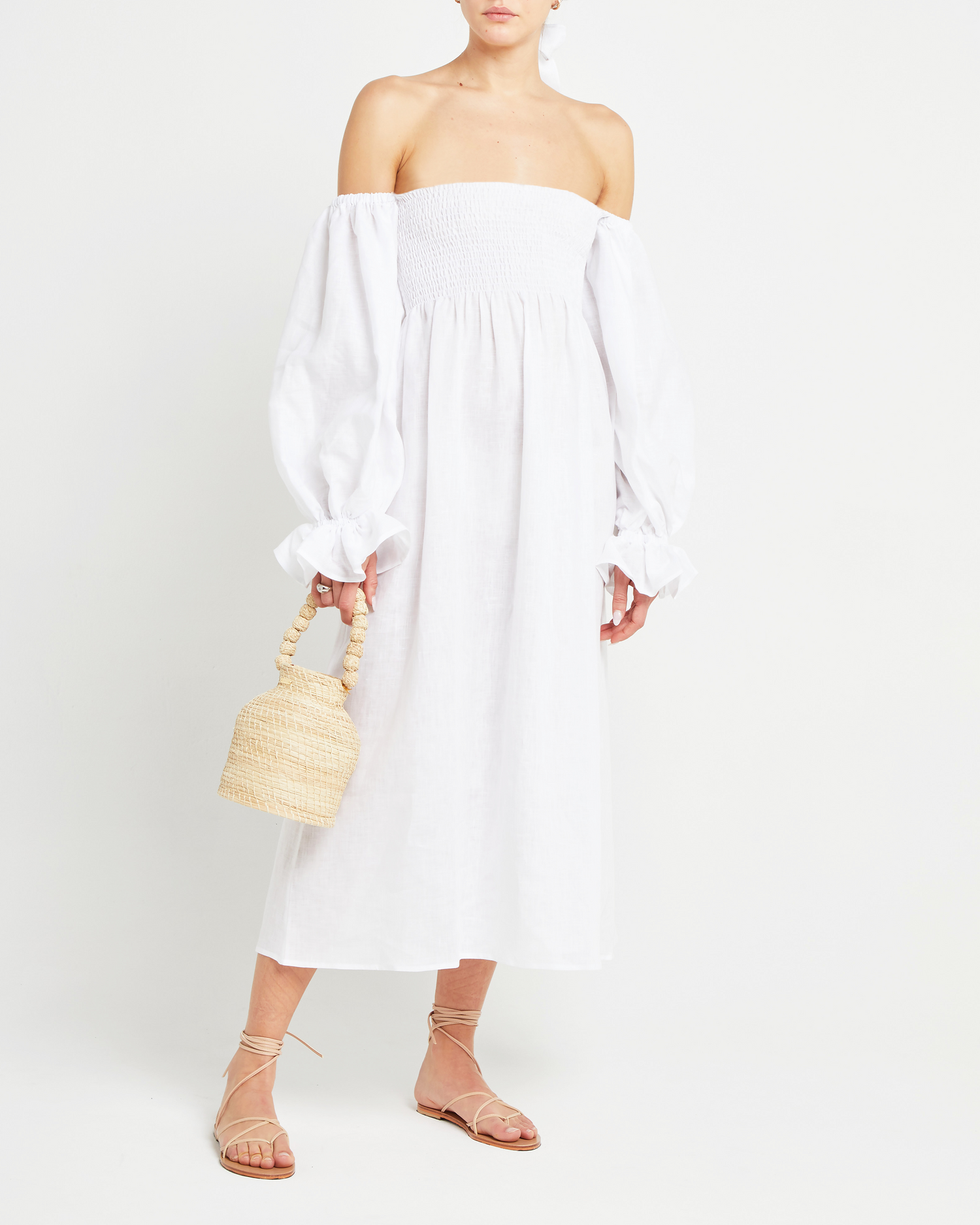Fifth image of Athena Dress, a white midi dress, off shoulder, long sleeve, puff sleeves, smocked
