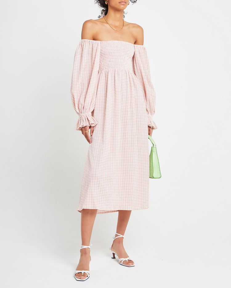 Fifth image of Athena Dress, a pink midi dress, off shoulder, long sleeve, puff sleeves, smocked