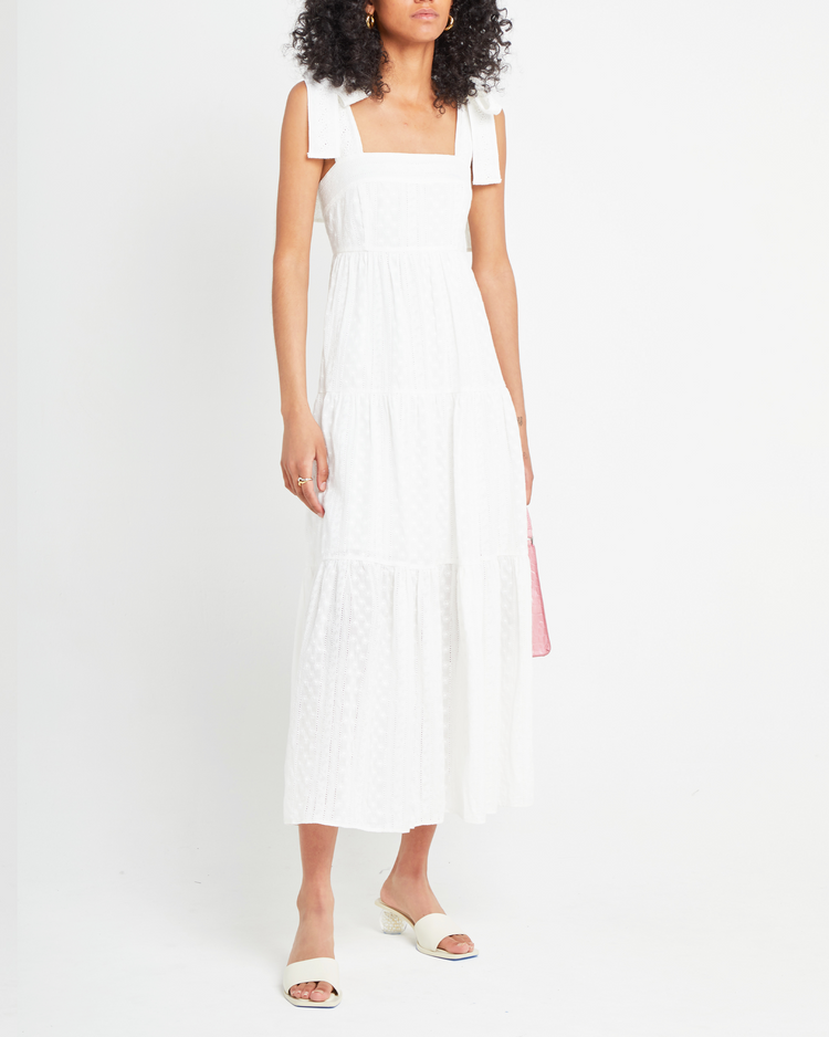 Third image of Cotton Artemis Dress, a white midi dress, lace material, eyelet, tie straps, ribbon, tank