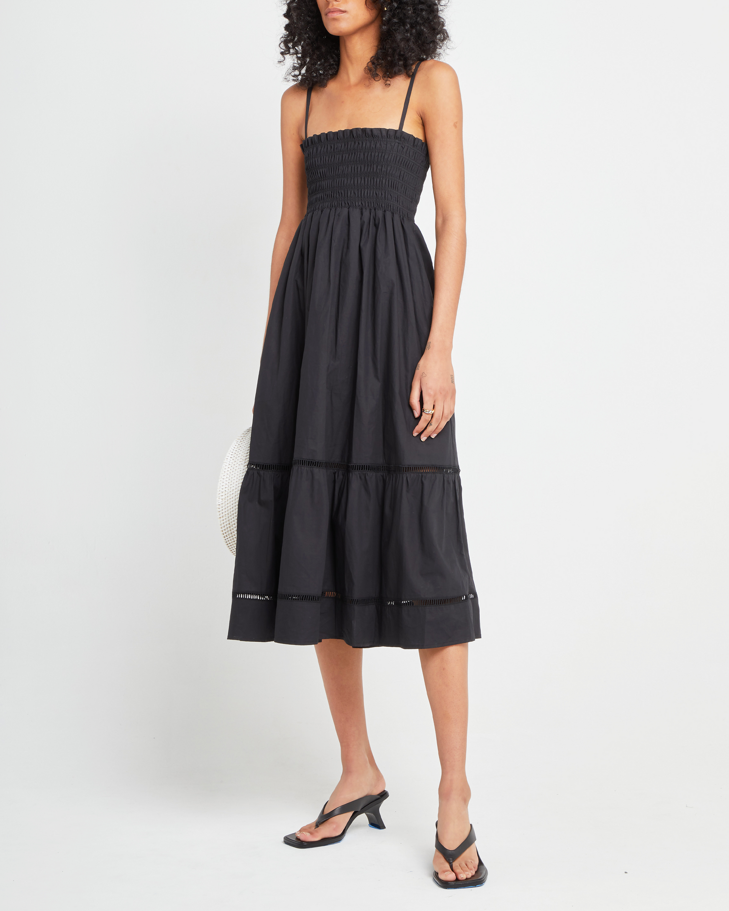 Sixth image of Cotton Leila Dress, a black midi dress, spaghetti strap, smocked bodice, tiered skirt