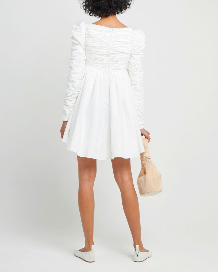 Sixth image of Structured Long-Sleeve Frock, a white mini dress, babydoll, long ruched sleeves, square neckline