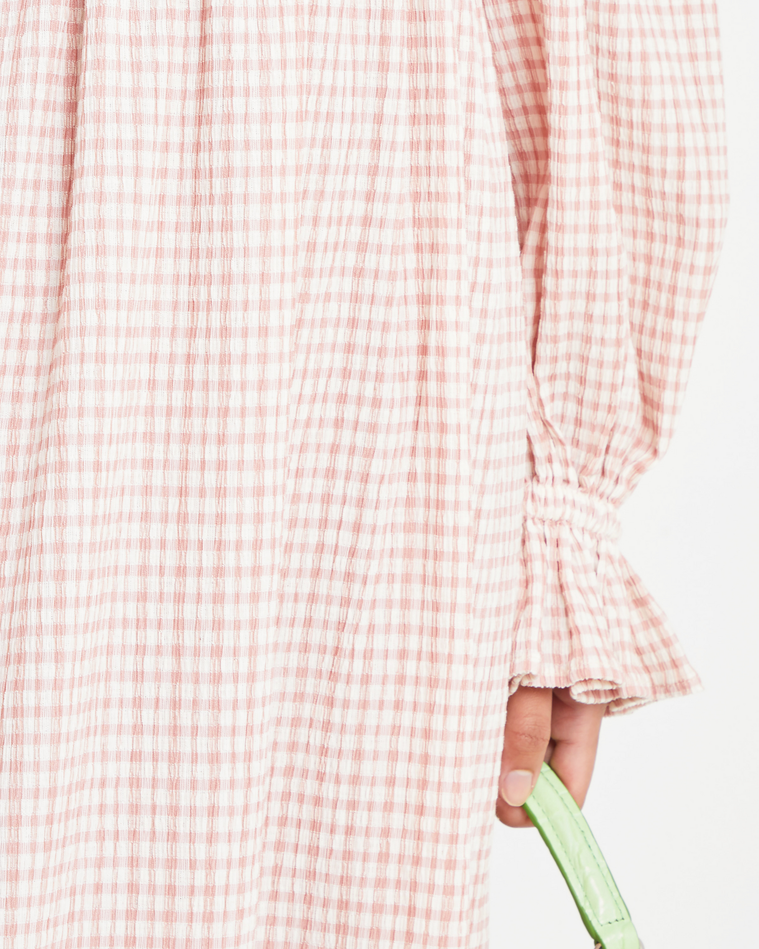 Sixth image of Athena Dress, a pink midi dress, off shoulder, long sleeve, puff sleeves, smocked
