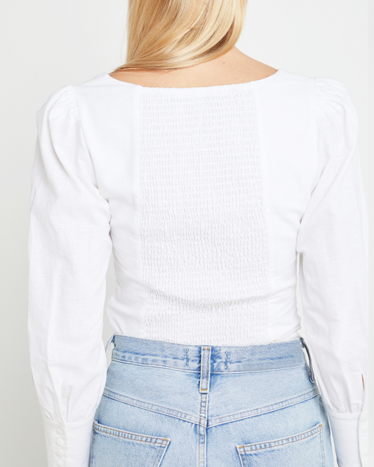 Second image of Sipora Top, a white puff sleeve top, square neck, long sleeve, puff sleeve