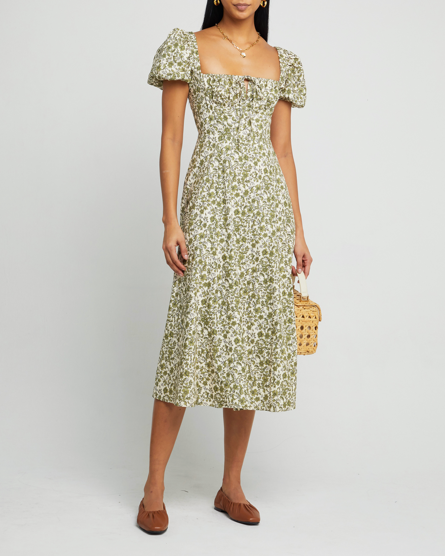 Fourth image of Cotton Peasant Dress, a green maxi dress, tie detail, puff sleeves, short sleeves, side slit