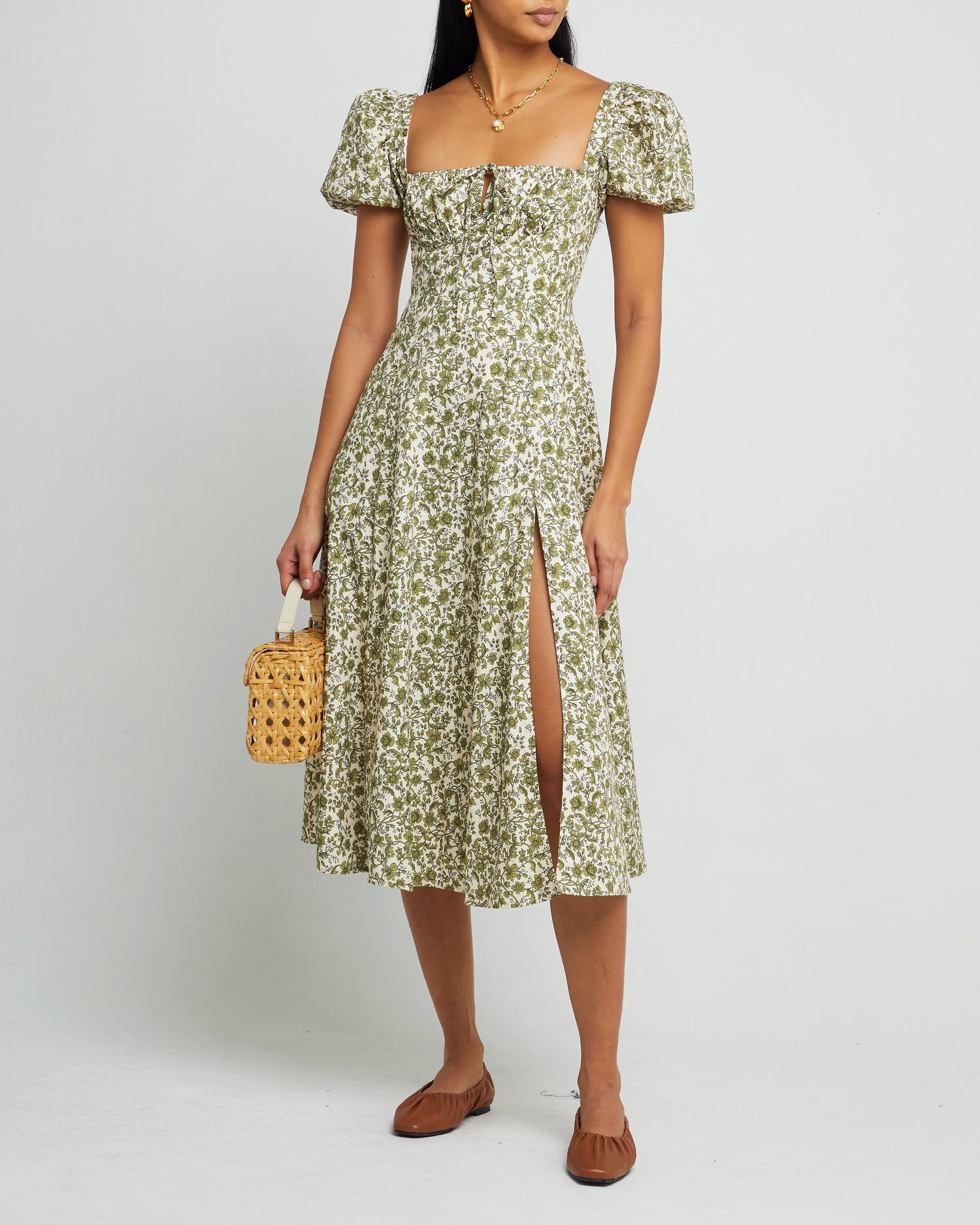 Fifth image of Cotton Peasant Dress, a green maxi dress, tie detail, puff sleeves, short sleeves, side slit