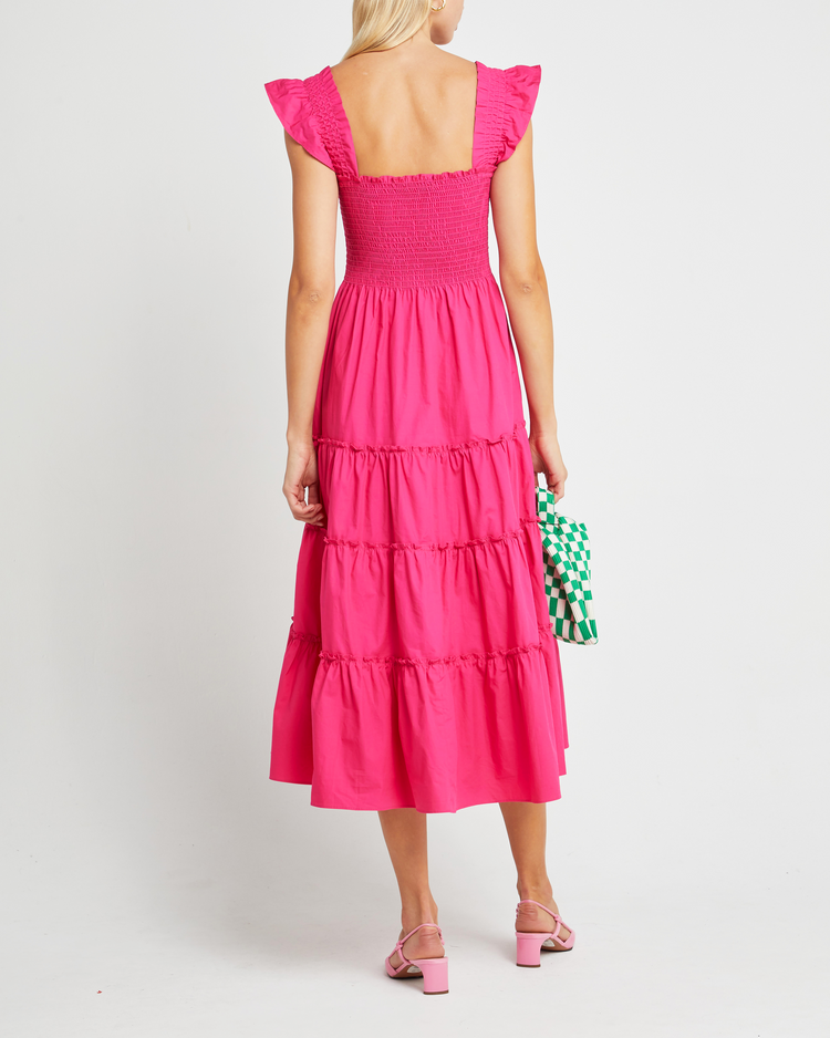 Second image of Calypso Maxi Dress, a pink maxi dress, ruffle cap sleeves, smocked bodice