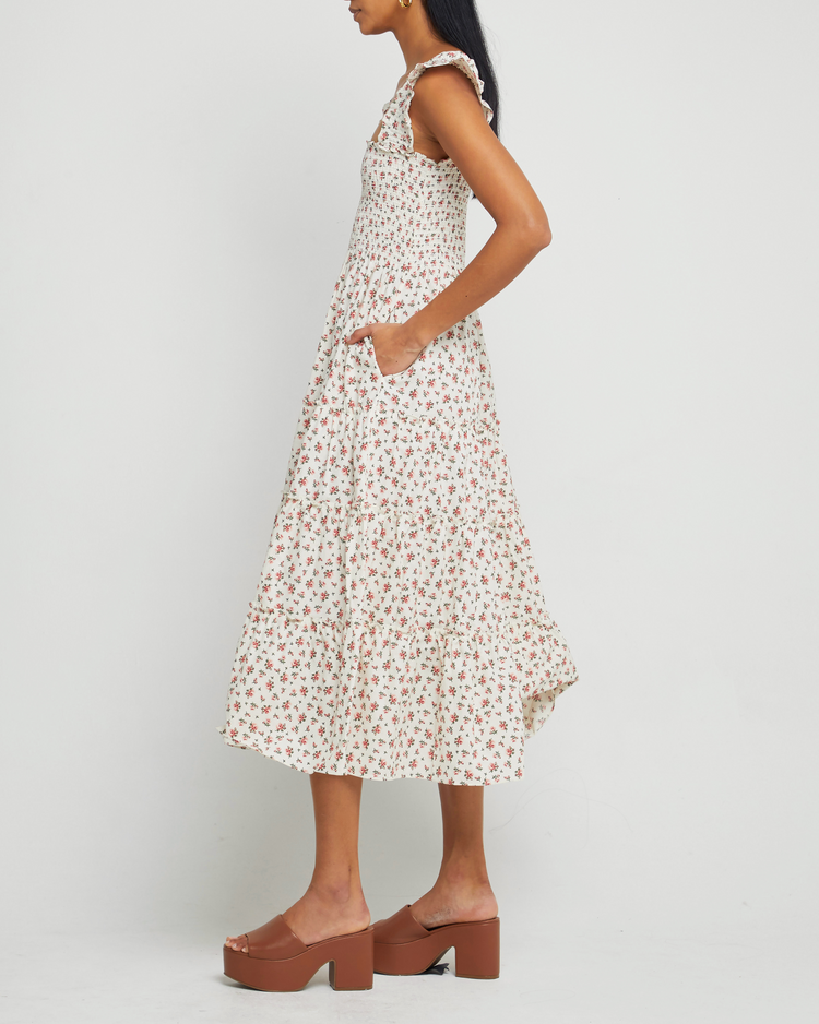 Fifth image of Calypso Maxi Dress, a  maxi dress, ruffle cap sleeves, smocked bodice, print