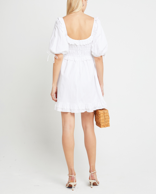 Second image of Lucia Dress, a white mini dress, puff sleeve, ruffe detail, lace, scoop neck