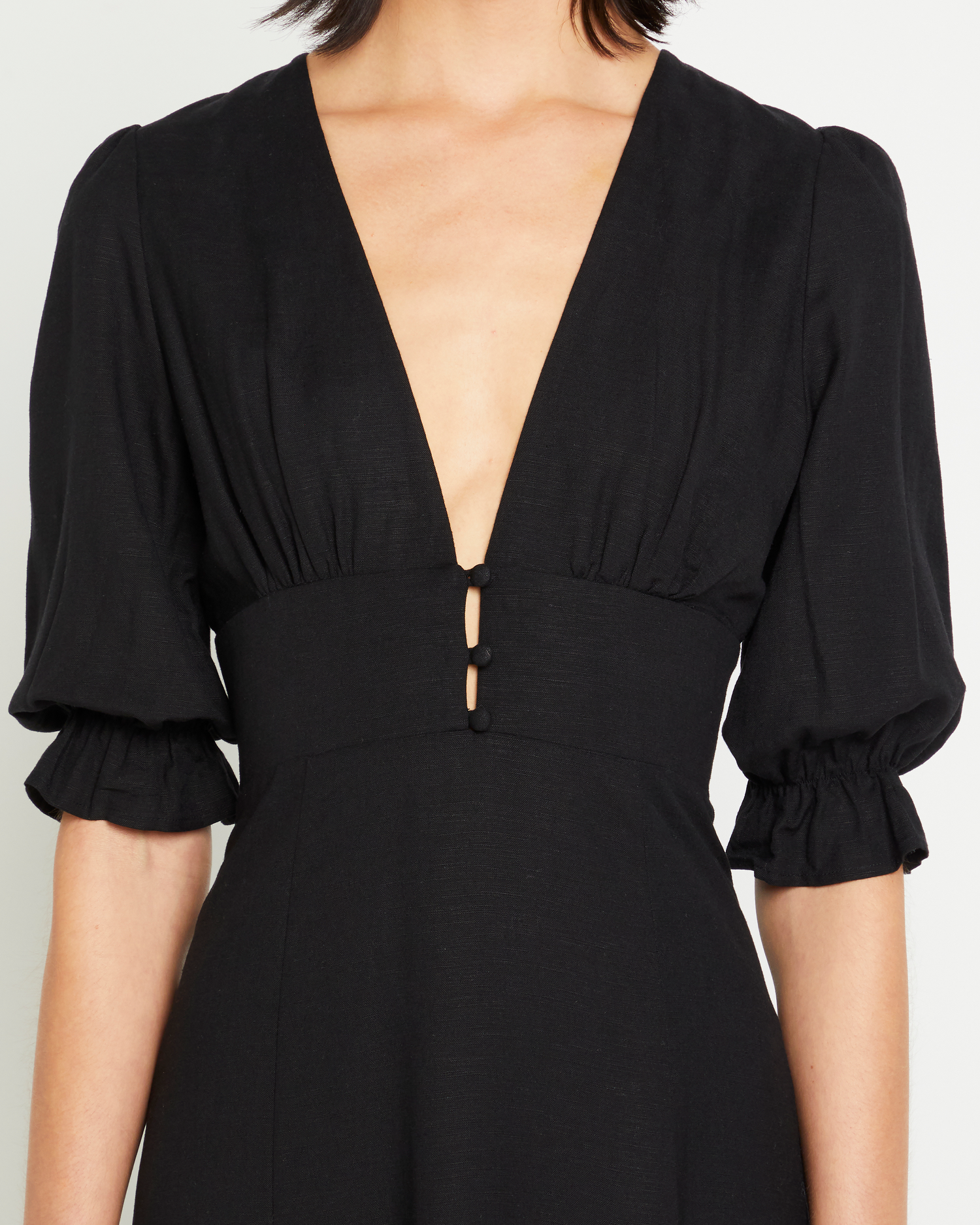 Fifth image of Julien Dress, a black maxi dress, button up, side slit, 3/4 sleeves, V-neck, plung neck, puff sleeves