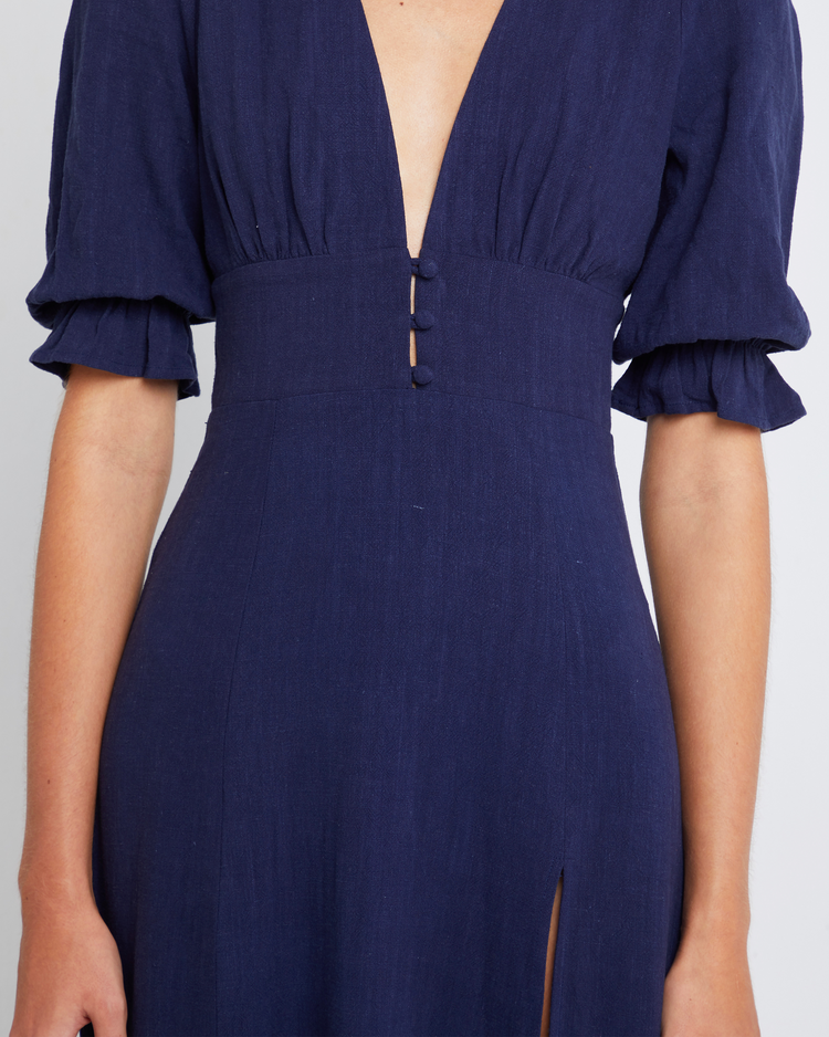 Sixth image of Julien Dress, a blue midi dress, V-neck, plunge neck, 3/4 sleeves, puff sleeves, side slit, front buttons