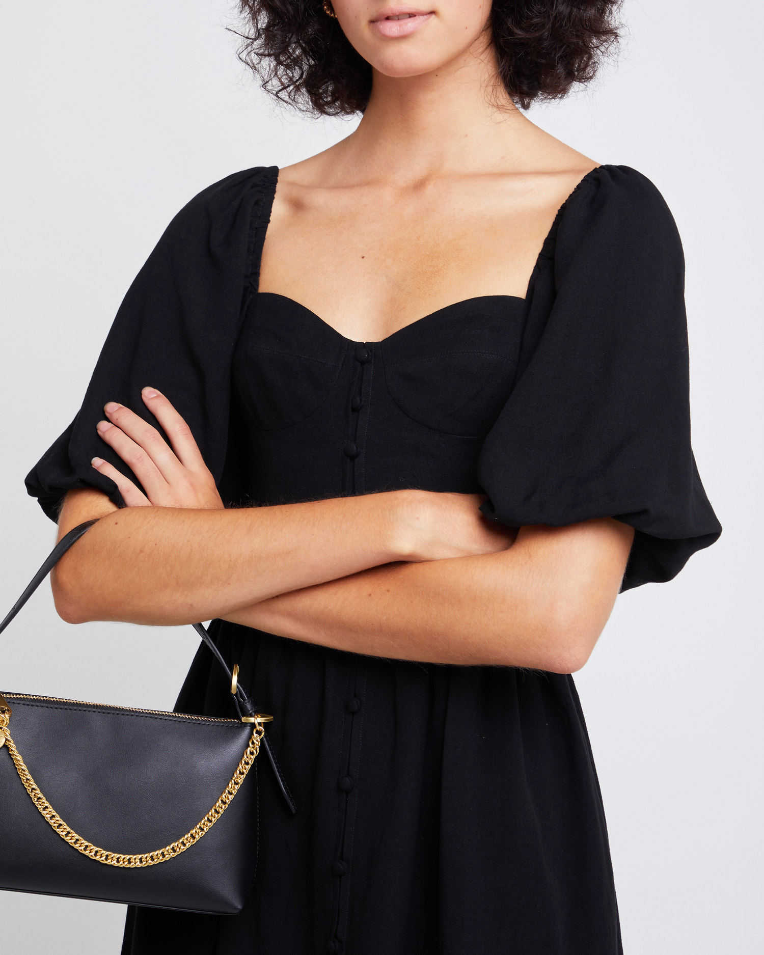 Sixth image of Esperanza Mini Dress, a black mini dress, sweetheart neckline, midi sleeves, 3/4 sleeves, puff sleeves, A-line