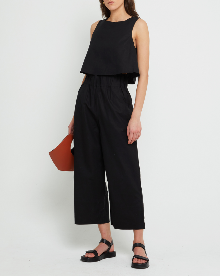 Fourth image of Willow Set, a black top and long pants, tank, seperates, high neckline, elastic, relaxed, wide leg, cropped