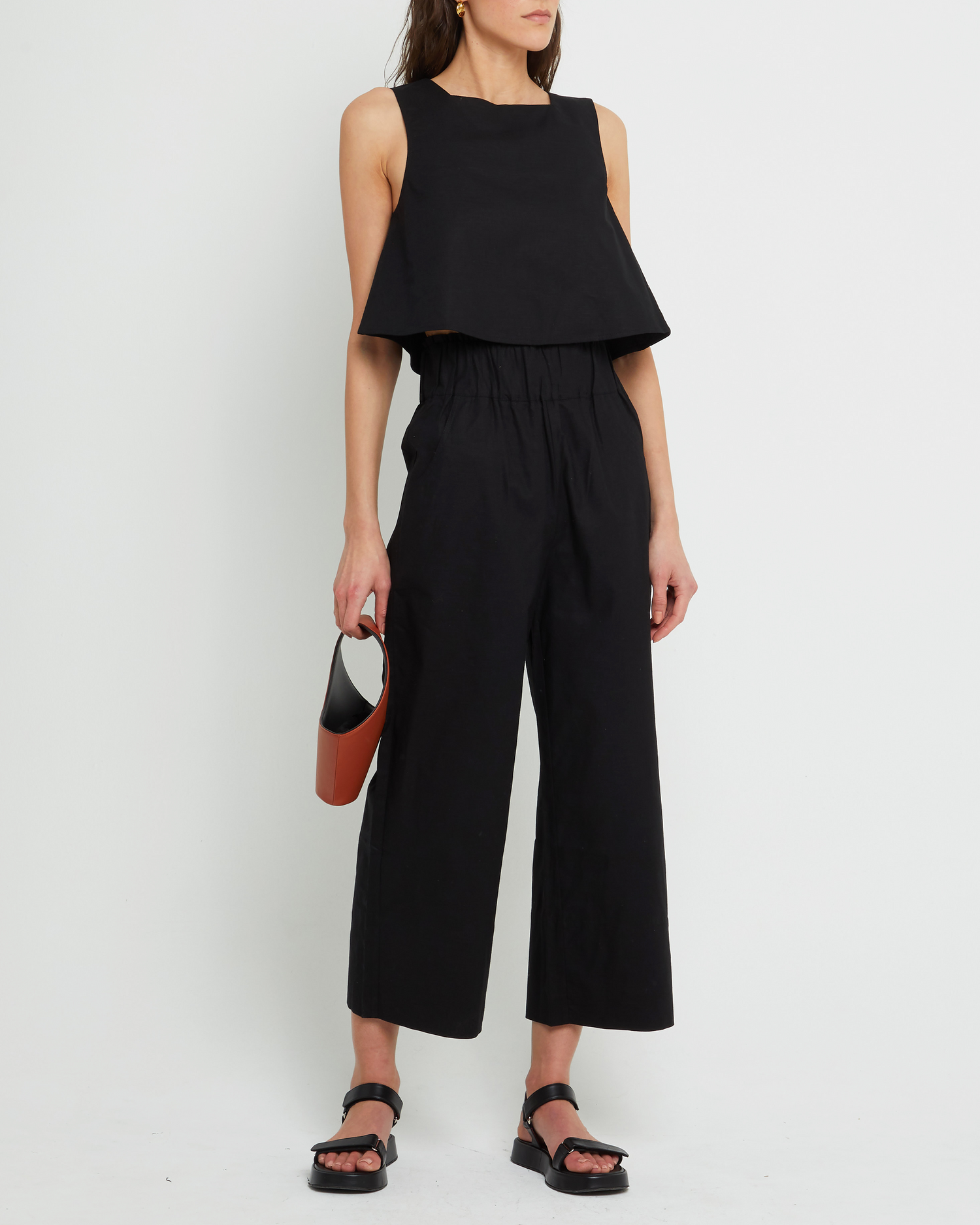 Fifth image of Willow Set, a black top and long pants, tank, seperates, high neckline, elastic, relaxed, wide leg, cropped