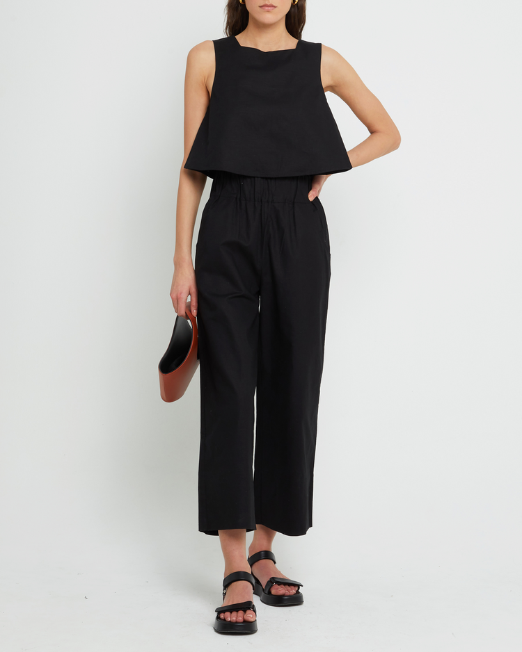 First image of Willow Set, a black top and long pants, tank, seperates, high neckline, elastic, relaxed, wide leg, cropped
