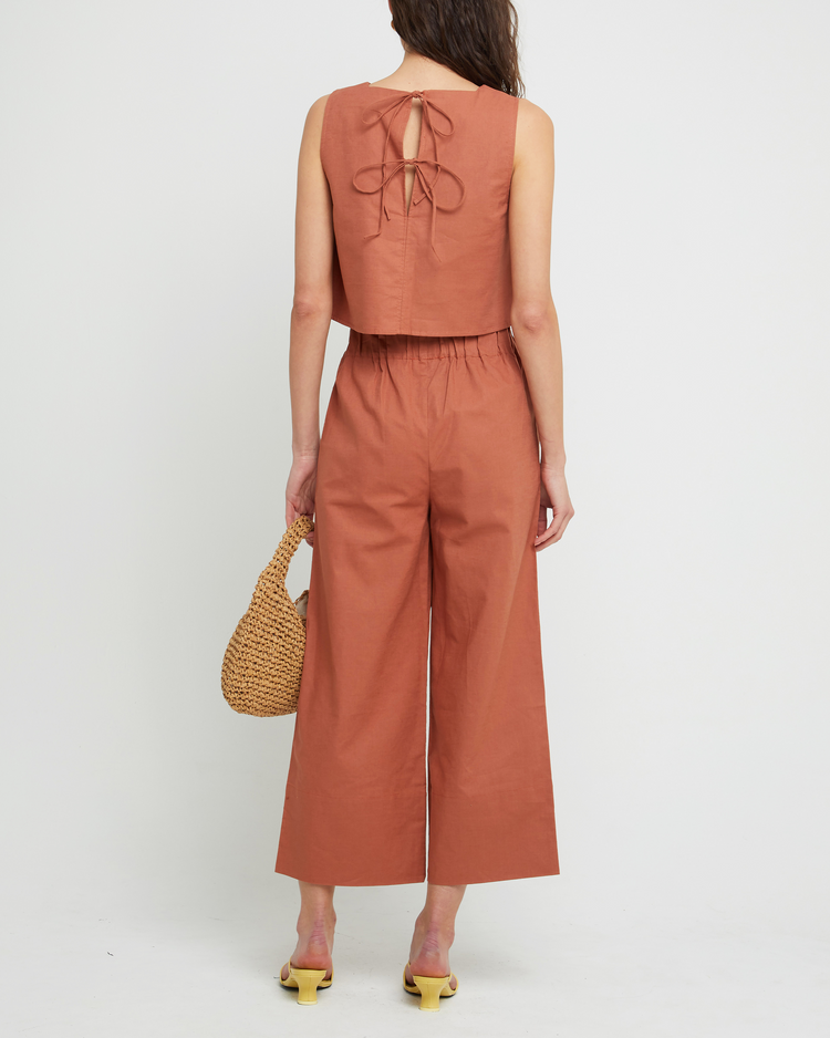 Second image of Willow Set, a rust top and long pants, tank, seperates, high neckline, elastic, relaxed, wide leg, cropped