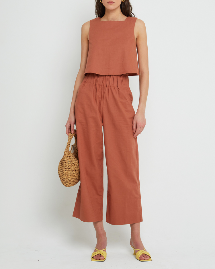 Fourth image of Willow Set, a rust top and long pants, tank, seperates, high neckline, elastic, relaxed, wide leg, cropped