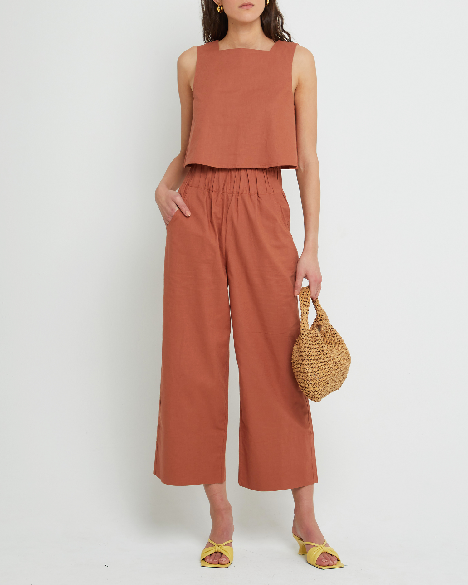 Fifth image of Willow Set, a rust top and long pants, tank, seperates, high neckline, elastic, relaxed, wide leg, cropped